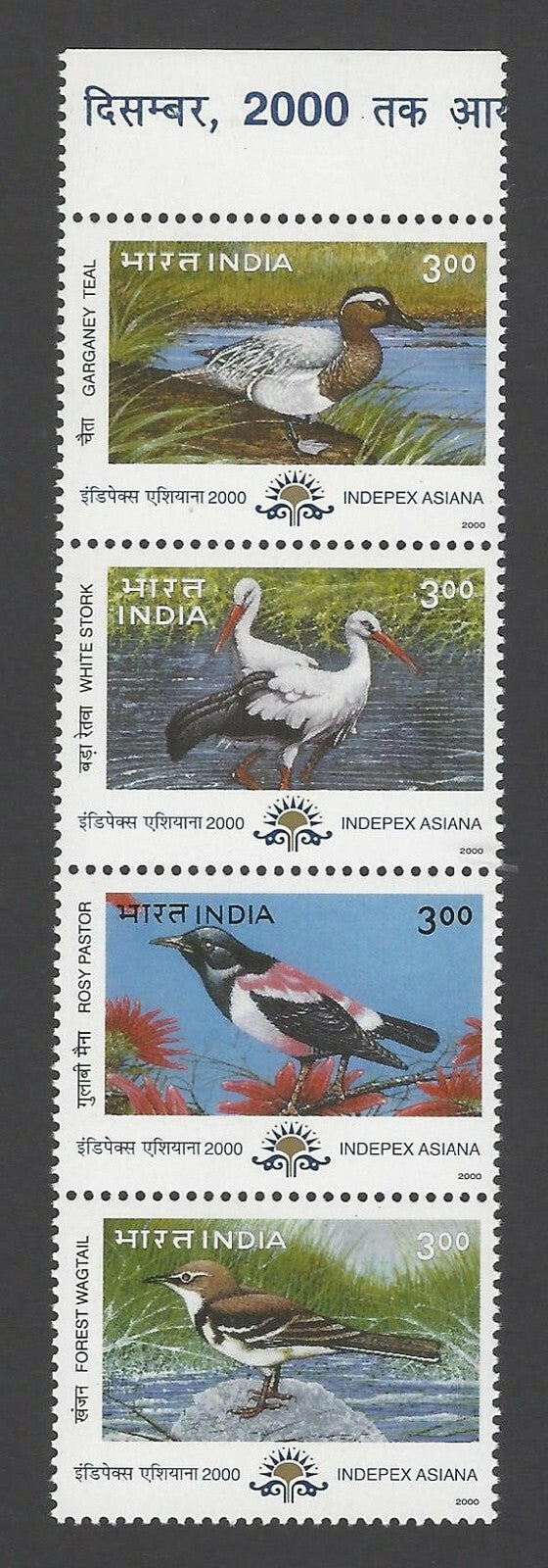 India 2000 Indepex Asiana BIRDS se-tenant vertical strip MNH