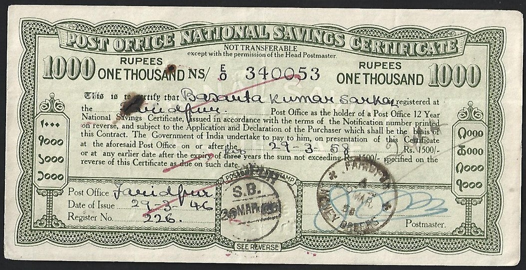India 1943 issue Post Office National Savings Certificate 1000R