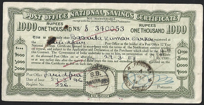 India 1943 issue Post Office National Savings Certificate 1000R
