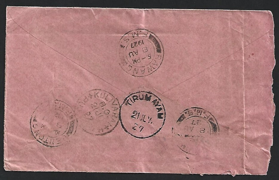 Malaya 1927 unpaid cover from India to RAWANG with postage due mark