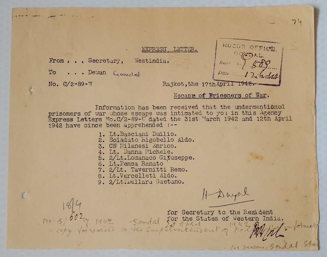 AOP India WW2 1942 Official letter ESCAPE OF ITALIAN PRISONERS OF WAR