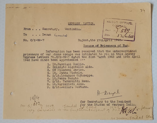 AOP India WW2 1942 Official letter ESCAPE OF ITALIAN PRISONERS OF WAR