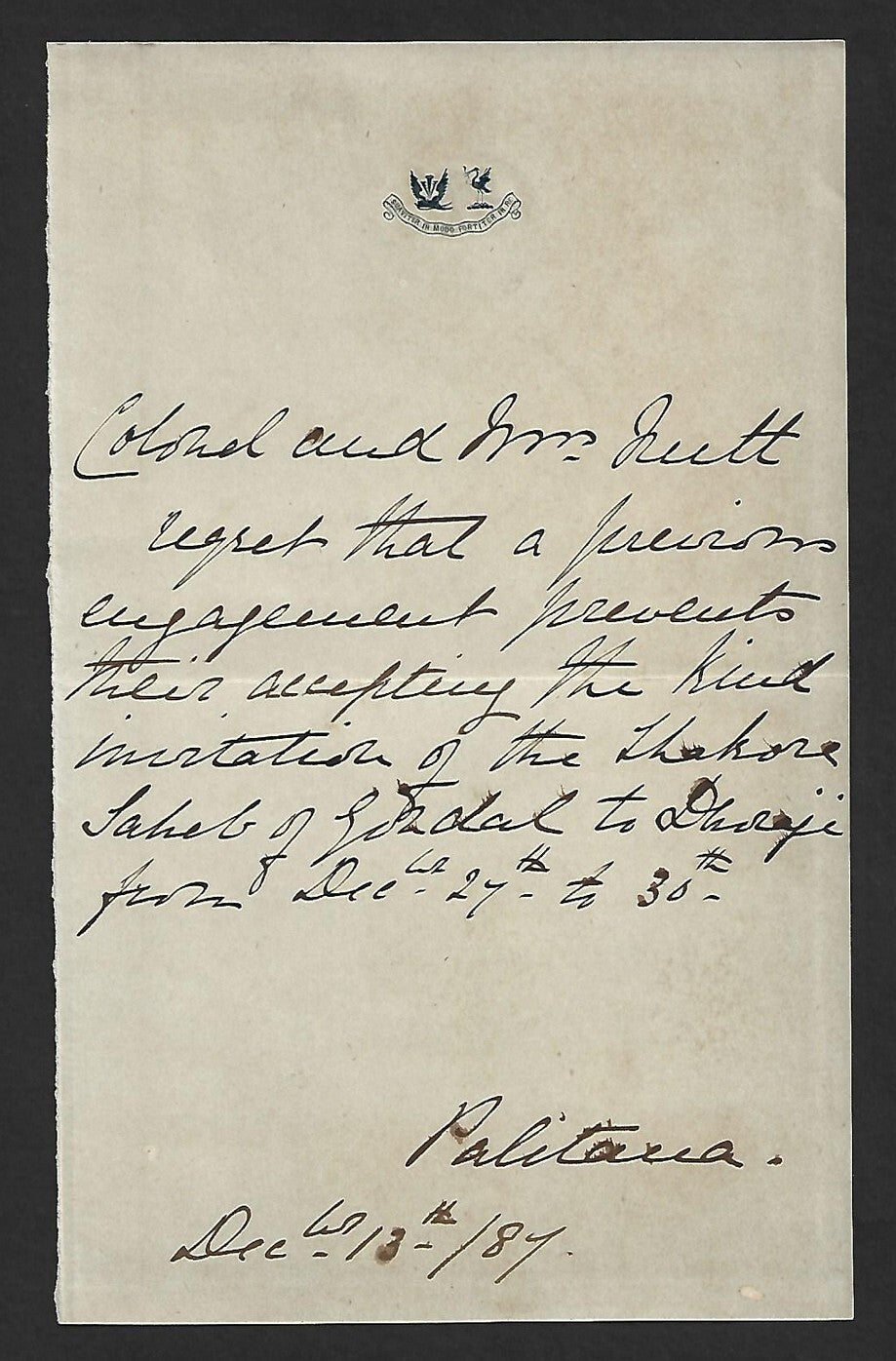 AOP India 1887 crested letter - Colonel Nutt