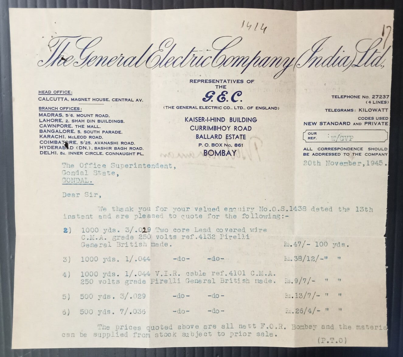 AOP General Electric Co. Bombay 1945 letterhead India