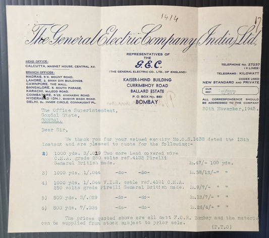 AOP General Electric Co. Bombay 1945 letterhead India