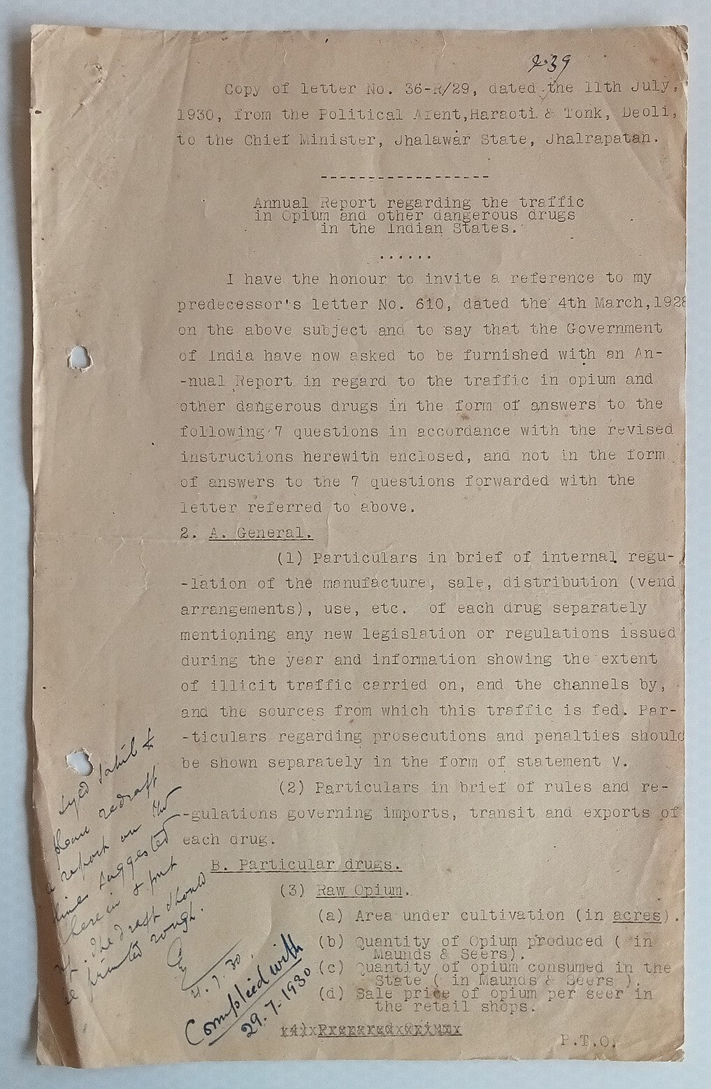 AOP India Official correspondence - OPIUM & OTHER DANGEROUS DRUG 1930
