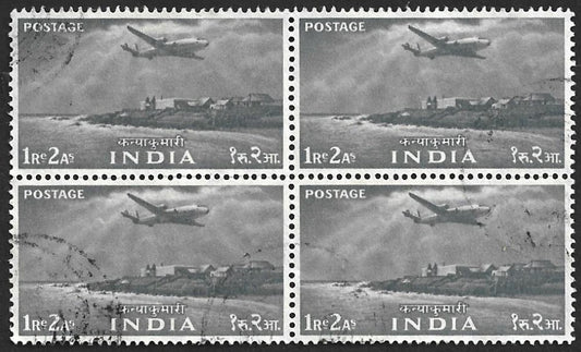 India 1955 5 Year Plan 1R2a Airplane over Kanyakumari used block of 4. SG 367