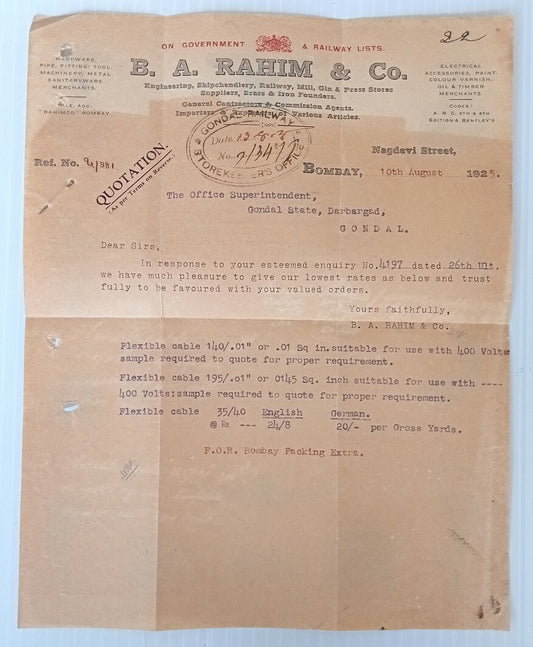 AOP Shipchandlery,Railway Contractors Bombay 1925 illustrated letterhead India