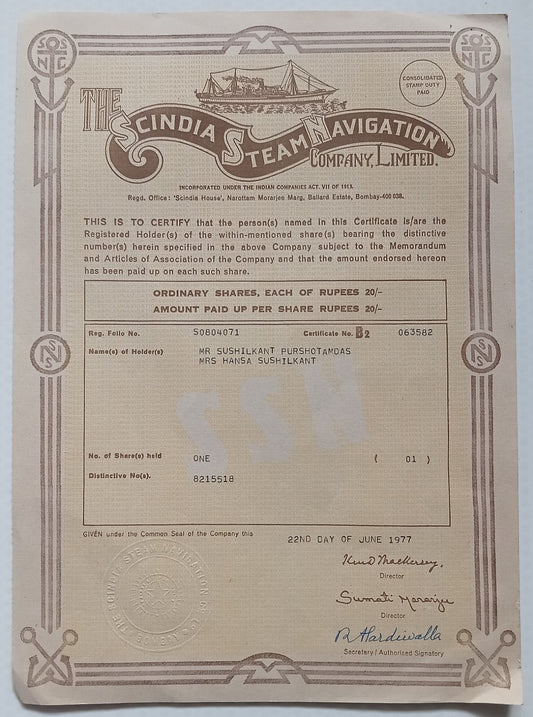 AOP India THE SCINDIA STEAM NAVIGATION CO LTD 1977 share certificate
