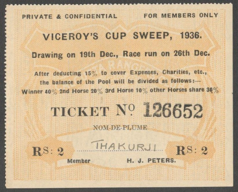 AOPIMT India Calcutta Turf Club Betting Ticket Viceroy's Cup Sweep 1936