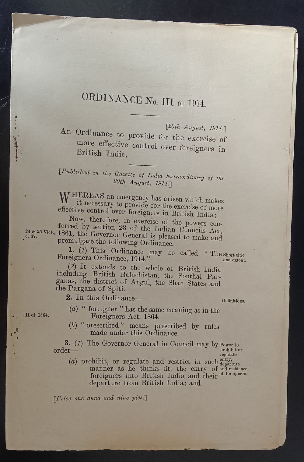 India 1914 ORDINANCE to provide control over foreigners in British India