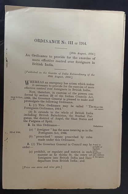 India 1914 ORDINANCE to provide control over foreigners in British India