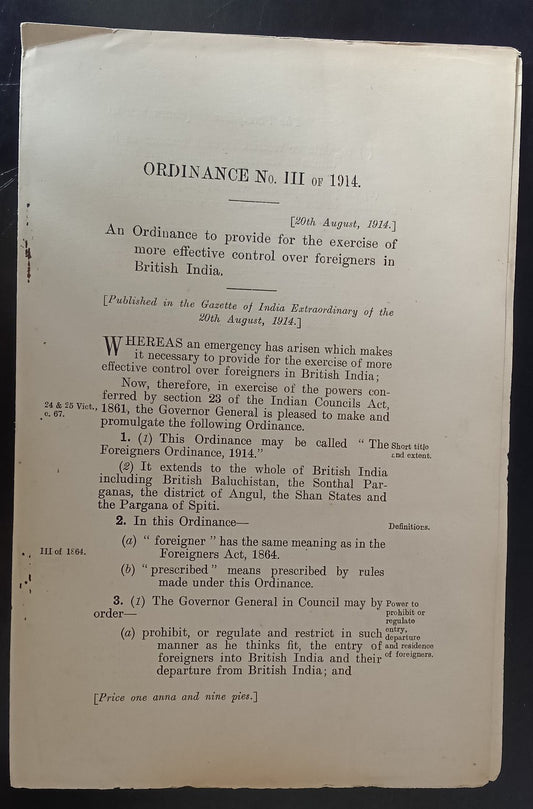 India 1914 ORDINANCE to provide control over foreigners in British India