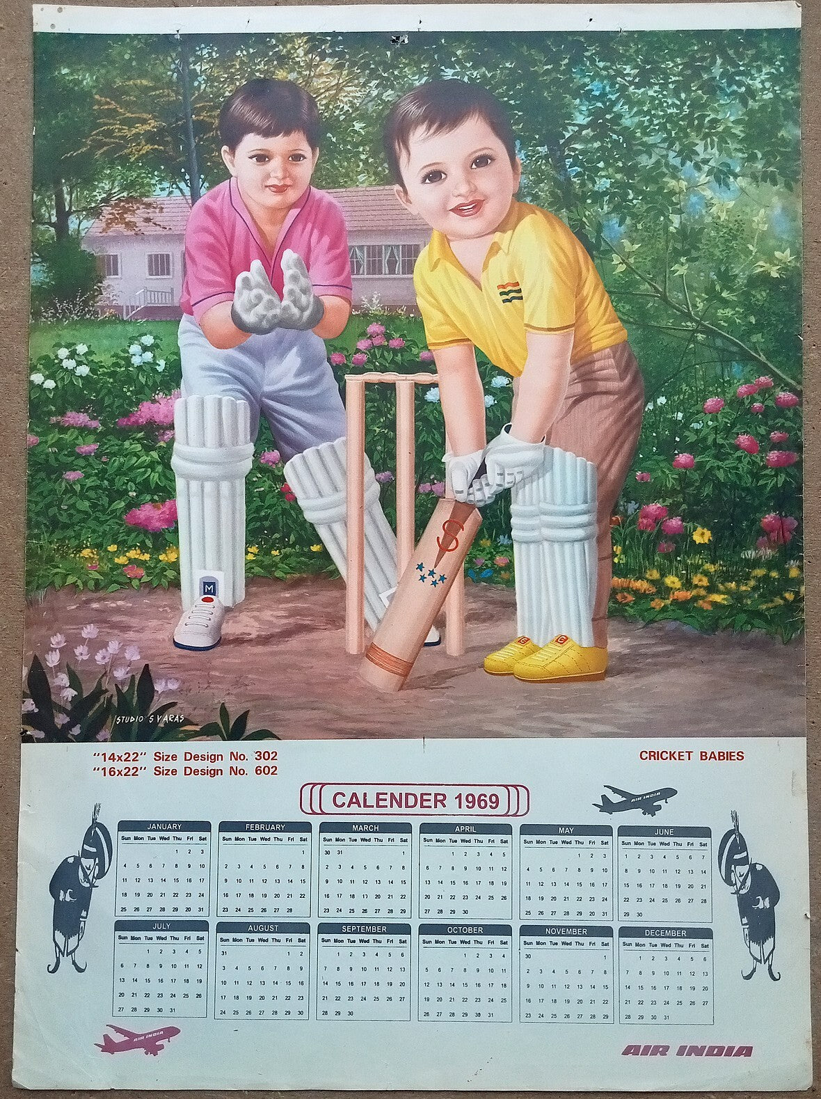 AIR INDIA 1969 poster calender 602 - CRICKET BABIES - STUDIO : S. V. VARAS - R