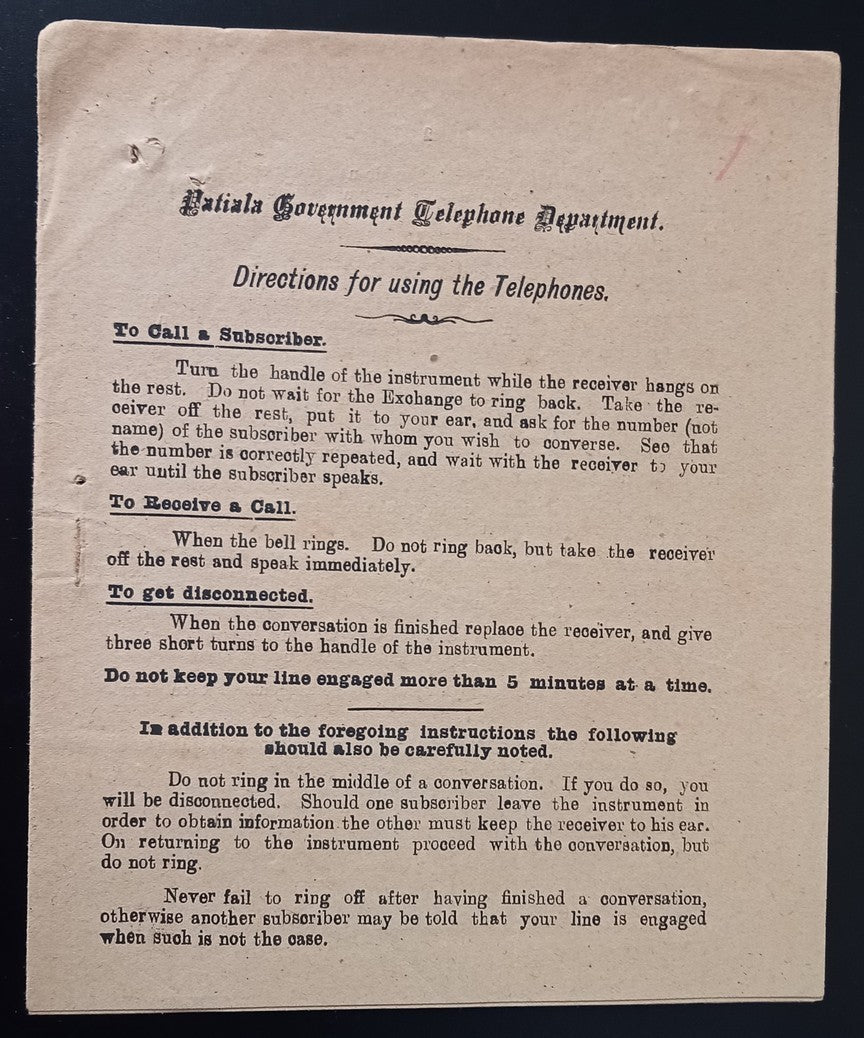 India Patiala State 1919 DIRECTIONS FOR USING THE TELEPHONES - 12pgs 300 printed