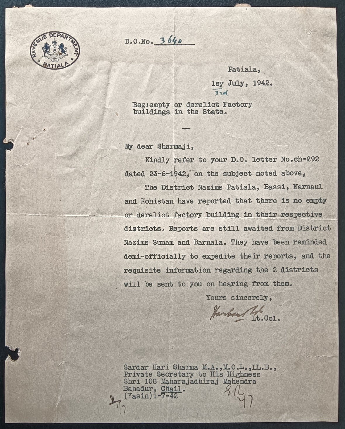 India 1942 crested letter REVENUE DEPARTMENT PATIALA