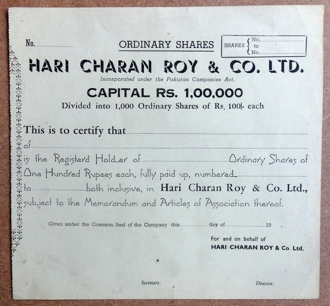 India 1920s-30s HARI CHARAN ROY & CO. LTD. share cerificate