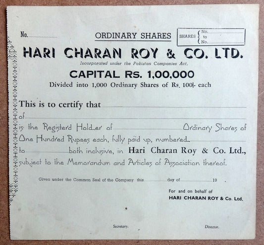India 1920s-30s HARI CHARAN ROY & CO. LTD. share cerificate