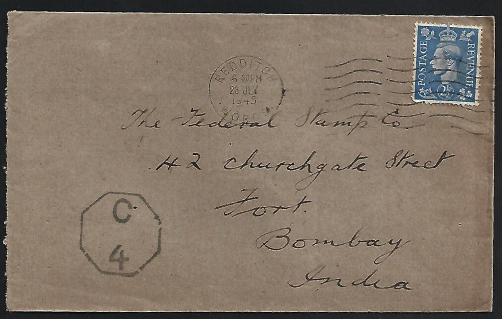 GB WW2 1945 censored cover Redding to Bombay, India