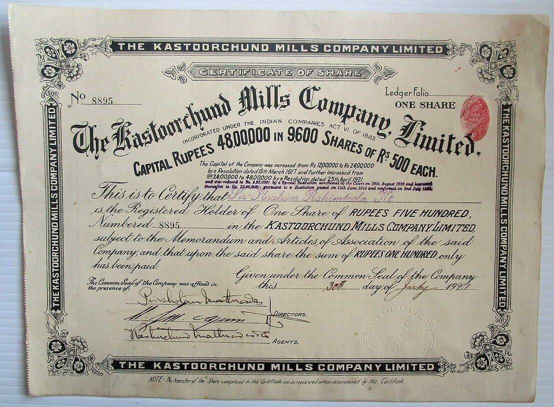 India Kastoorchund Mills Company Ltd. 1921 share certificate