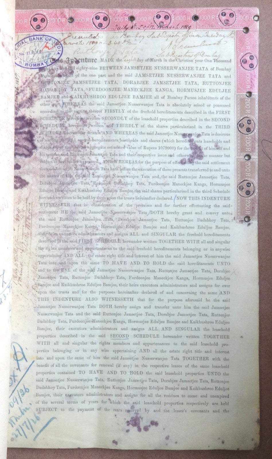 India 1887 Indenture signed Jamshetji, Dorabji, Ratanji & Sir Ratan TATA