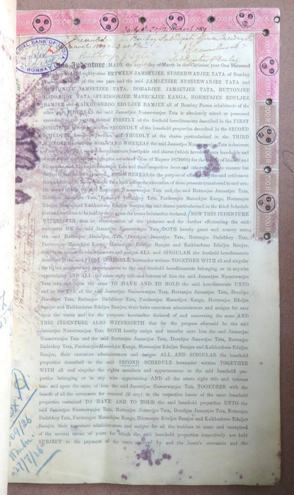 India 1887 Indenture signed Jamshetji, Dorabji, Ratanji & Sir Ratan TATA