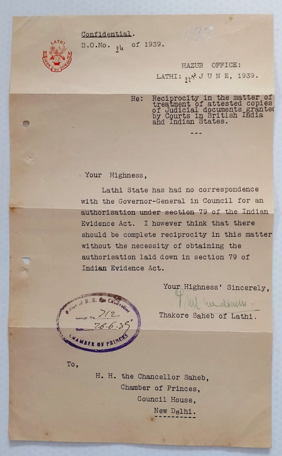 LATHI STATE India 1939 crested letter signed by the Ruler Thakore PRAHLADSINHJI