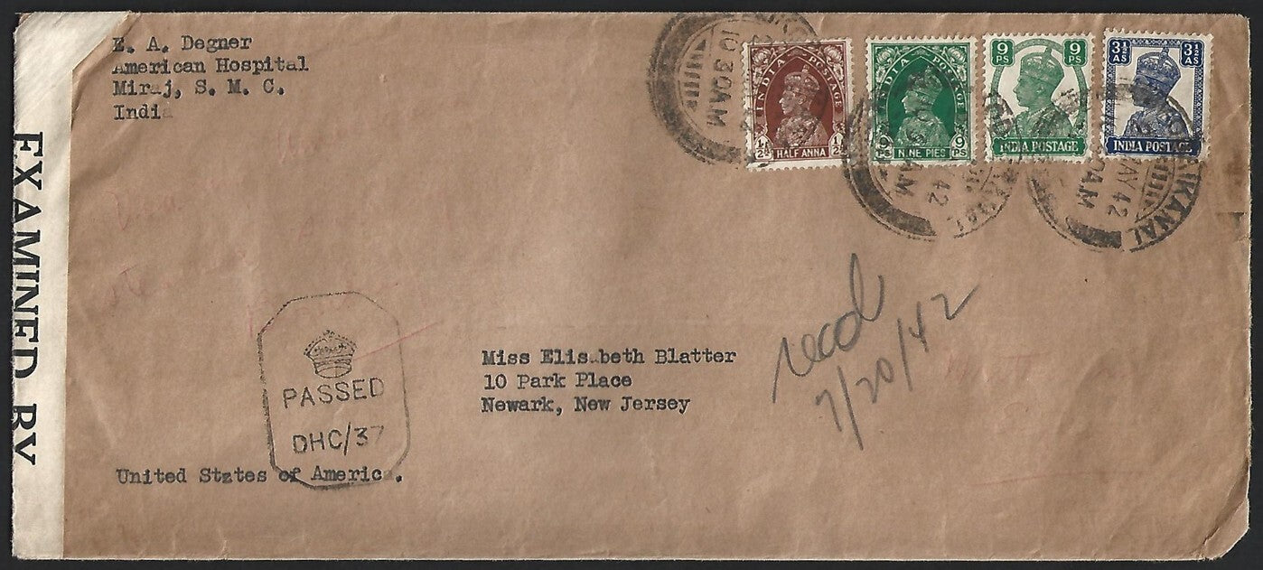 (AOP) India WW2 KGVI 1942 censored cover to US