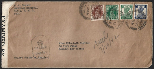 (AOP) India WW2 KGVI 1942 censored cover to US