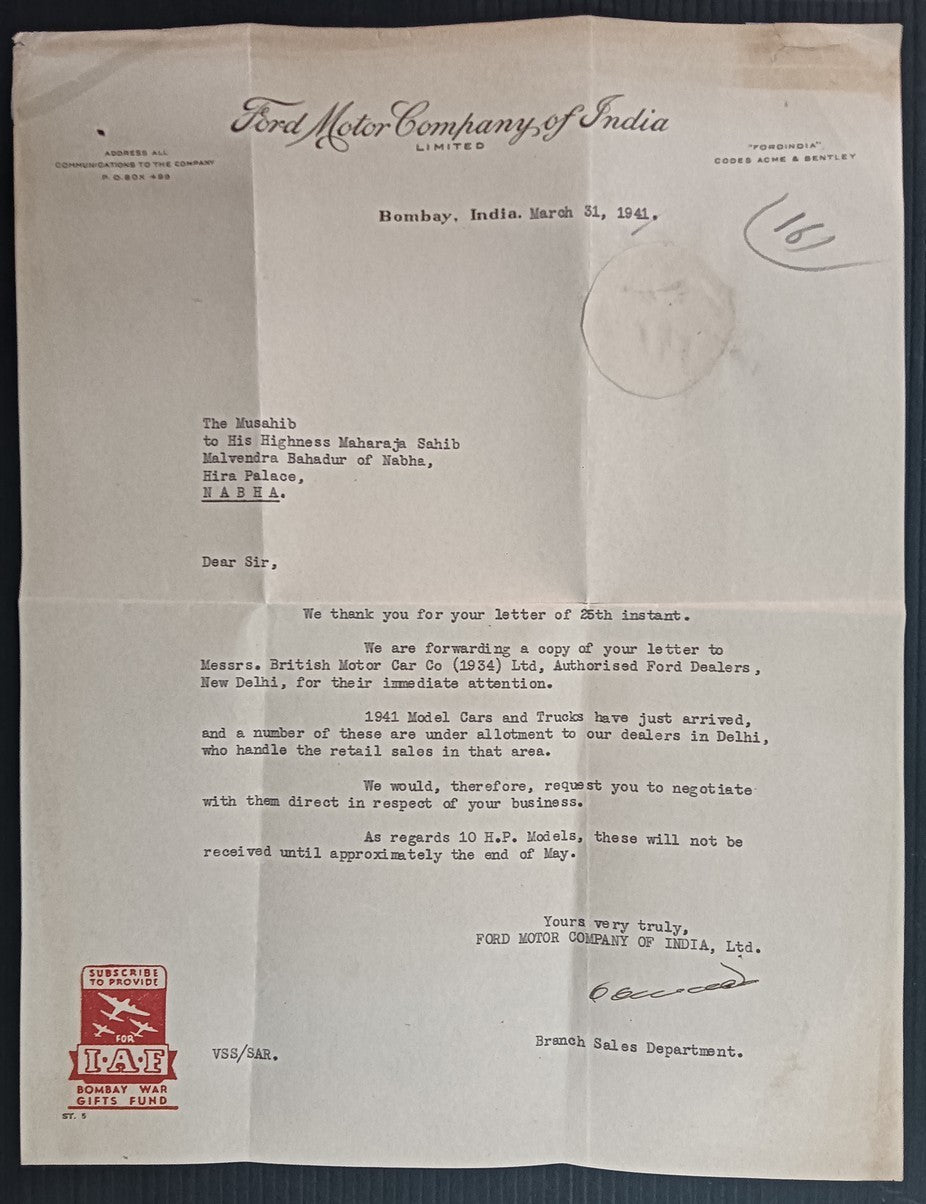 FORD MOTOR COMPANY OF INDIA, Bombay 1941 letterhead