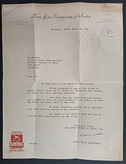 FORD MOTOR COMPANY OF INDIA, Bombay 1941 letterhead