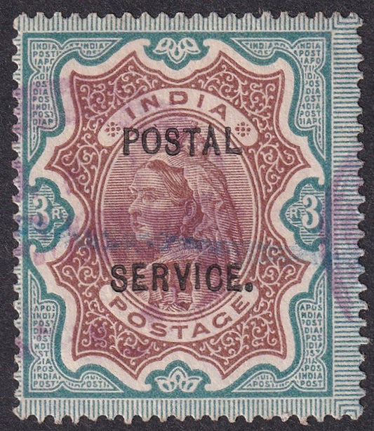 India QV 1885 3R with POSTAL SERVICE overprint used