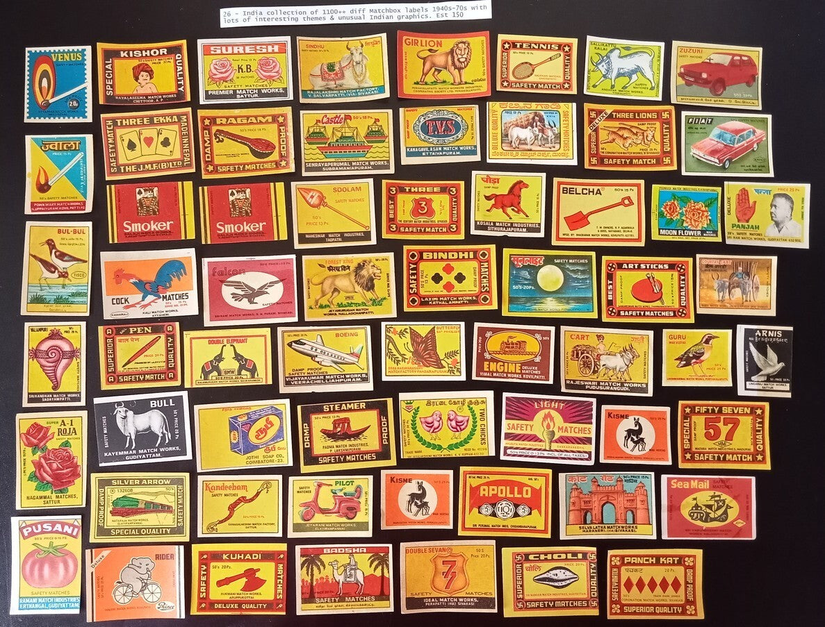 Collection of vintage matchbox labels India unusual graphics 900+ different