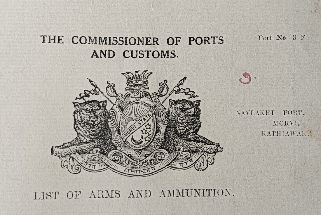 India 1936 Navlakhi Port Morvi SS GOVIKEN Captan signed Arms List - one pistol