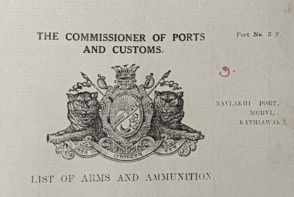 India 1936 Navlakhi Port Morvi SS GOVIKEN Captan signed Arms List - one pistol