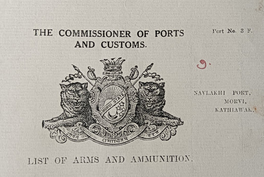 India 1936 Navlakhi Port Morvi SS GOVIKEN Captan signed Arms List - one pistol