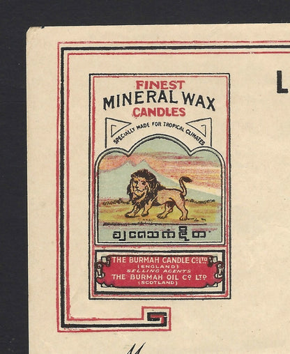 India 1930s-40s LION BRAND CANDLES pictoral billhead