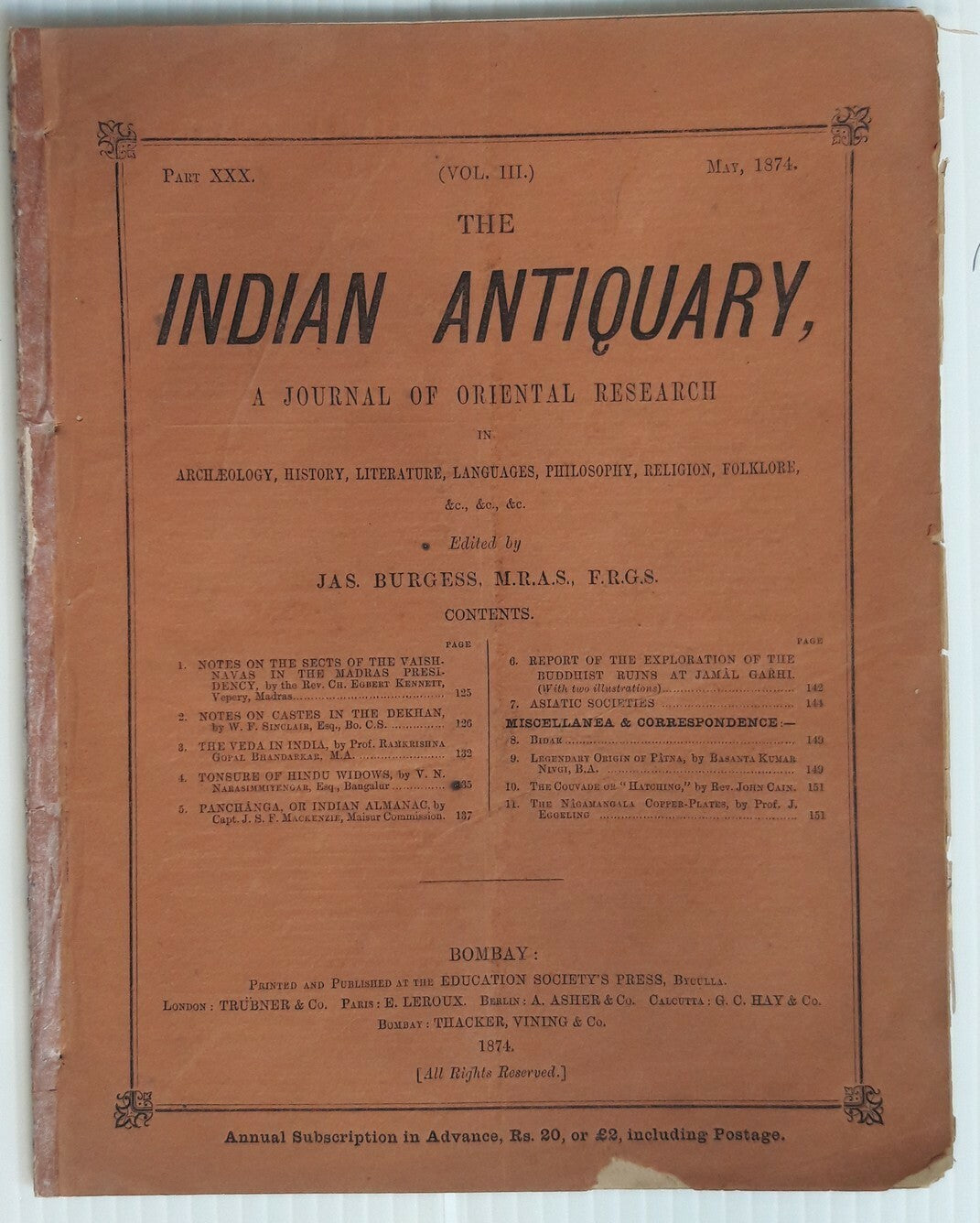 Indian Antiquary May 1874 #30 Journal of Oriental Research FRAGILE REPAIRED