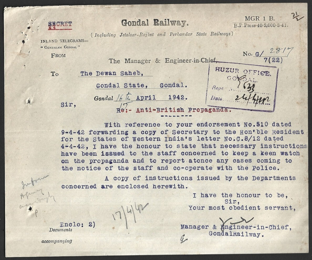 India 1942 Official SECRET Gondal Railway telegram Re: Anti British Propaganda