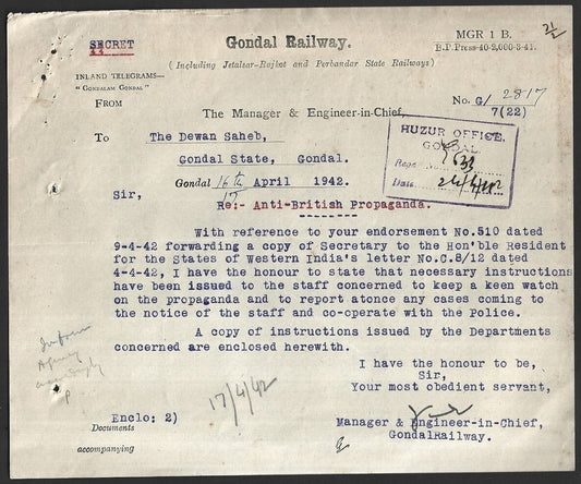 India 1942 Official SECRET Gondal Railway telegram Re: Anti British Propaganda