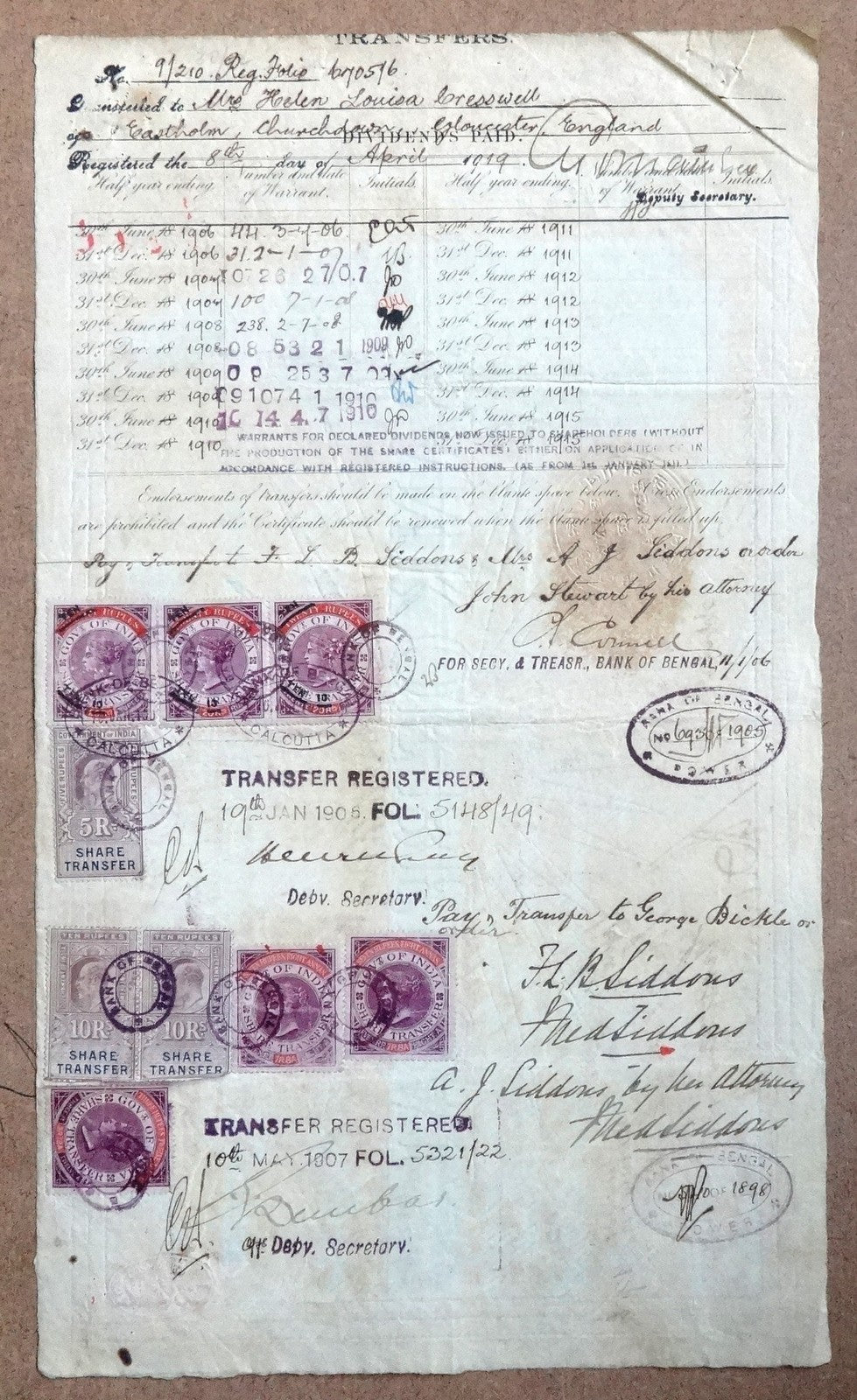India 1903 QV Share Transfer 10R on 20R x 3 Barefoot #23 on share cerificate