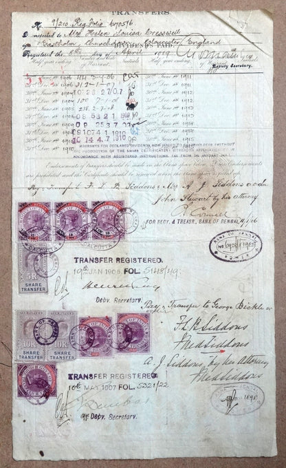 India 1903 QV Share Transfer 10R on 20R x 3 Barefoot #23 on share cerificate