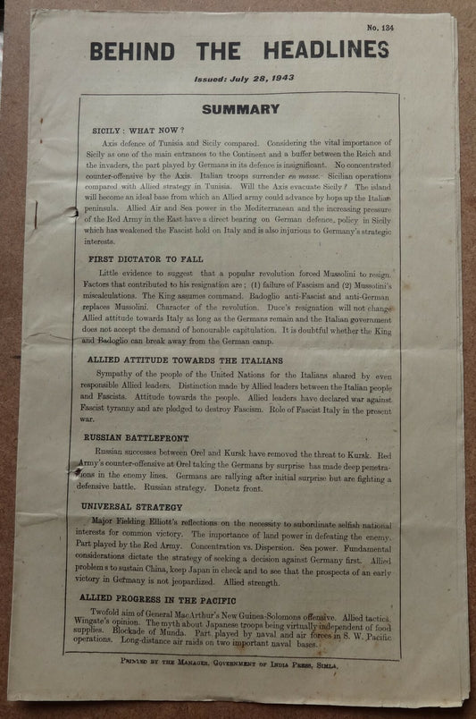 India WW2 Propaganda rag BEHIND THE HEADLINES 1943 FIRST DICTATOR TO FALL 8pgs