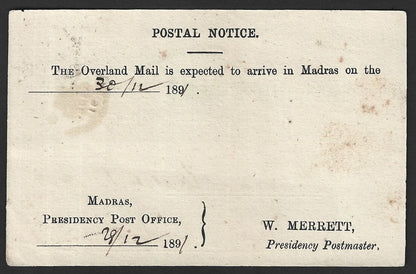 East India green ON POSTAL SERVICE postcard wi Overland Mail Postal Notice 1891