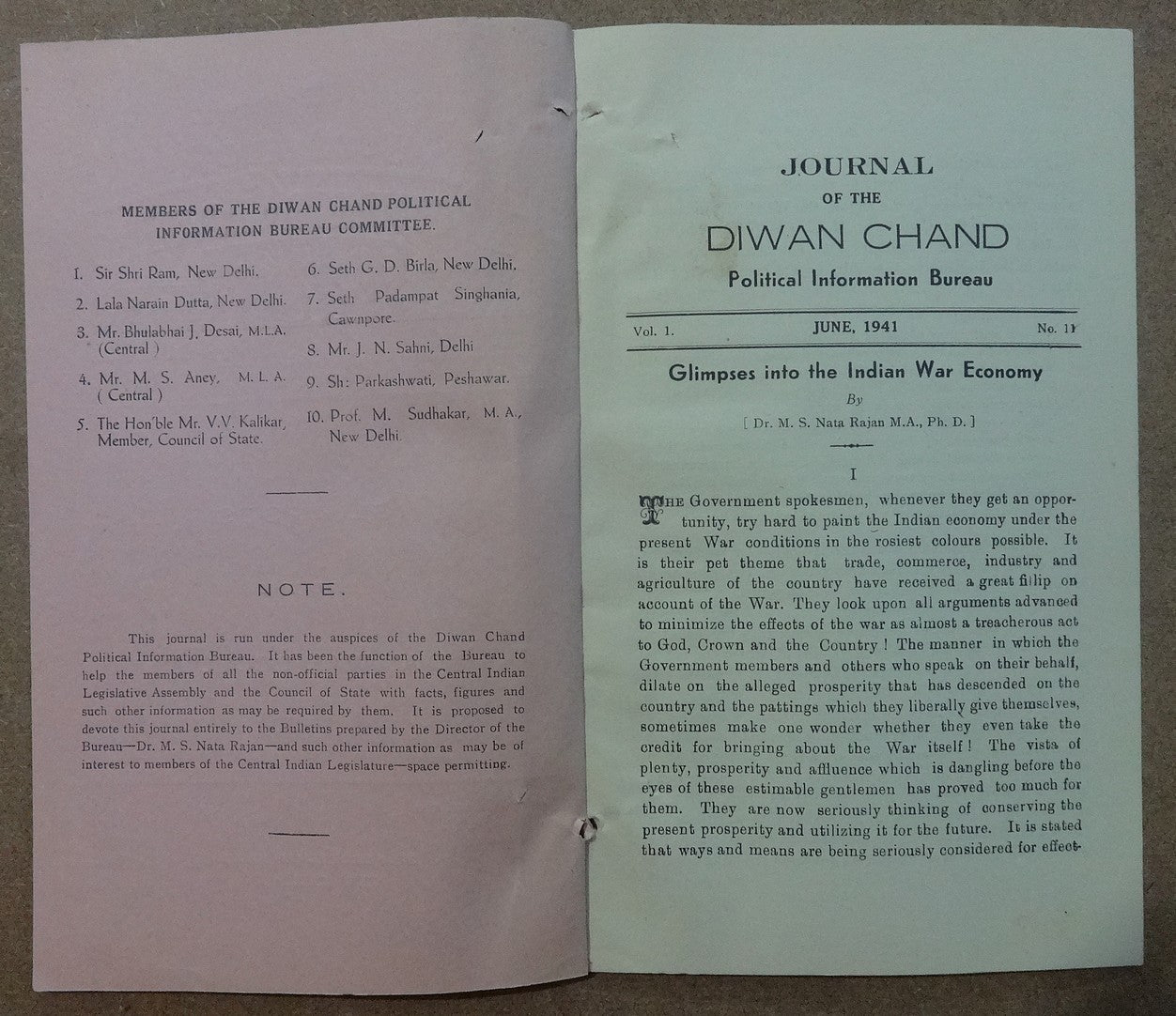 Dewan Chand Political Information Bureau monthly June 1941 INDIAN WAR ECONOMY