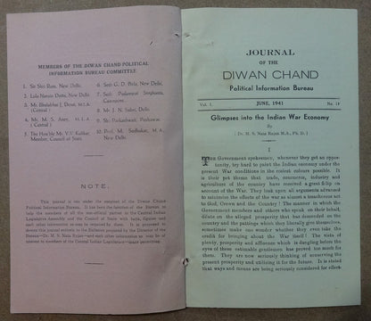 Dewan Chand Political Information Bureau monthly June 1941 INDIAN WAR ECONOMY