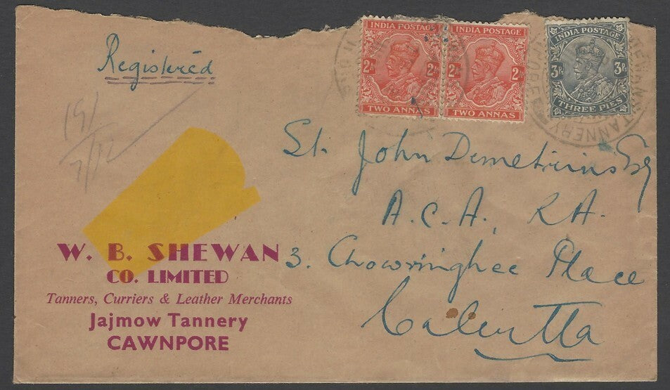 India SHEWAN’S TANNERY postmark & registered label on 1935 cover