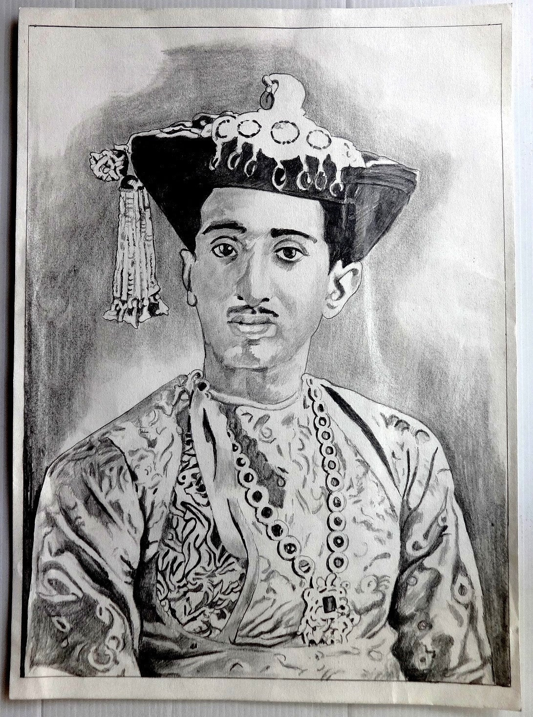 India Maharajah of Indore Yashwant Rao II Holkar charcoal drawing 11.5”x16.5”
