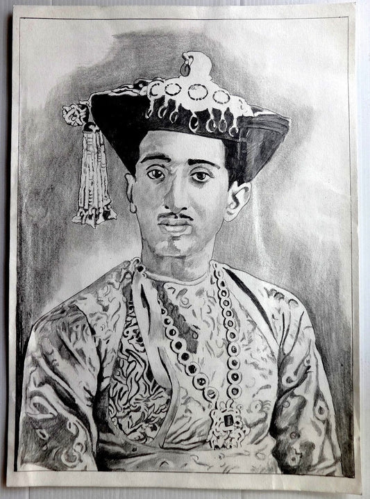 India Maharajah of Indore Yashwant Rao II Holkar charcoal drawing 11.5”x16.5”