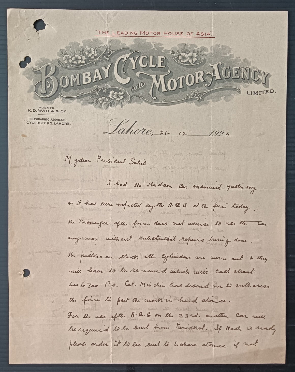 India BOMBAY CYCLE & MOTOR AGENCY letterhead used 1924